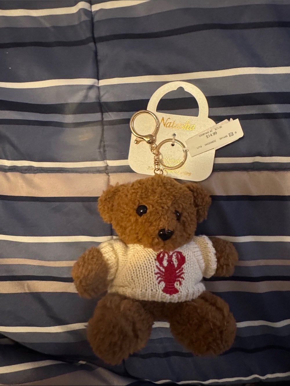 Natasha Couture Brown Teddy Bear Keychain with White Sweater and Red Lobster